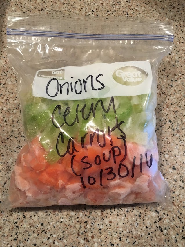diced celery, carrots, and onion in a resealable Great Value Bag labeled with a marker