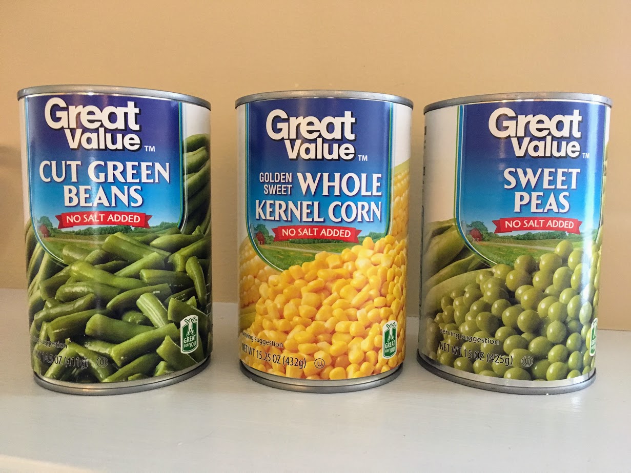 unsalted canned veggies, no salt added veggies, great value veggies, canned corn, canned green beans, canned peas, Walmart, meal planning, meals on a budget, stock your freezer, Super Savvy Sarah