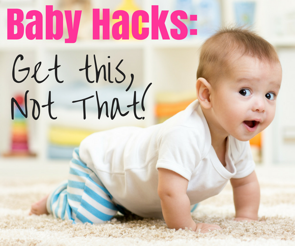 baby crawling on carpet in white onesie and blue and white striped pants with text overlay (title)