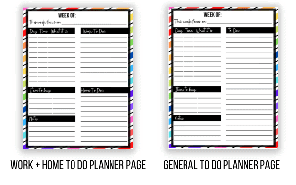 two planner pages - one with a work and home to do list and one with a single to do list